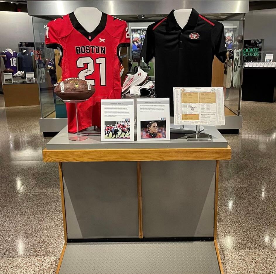 Chante Bonds' WFA Pro MVP Jersey and Game Ball displayed at Pro Football Hall of Fame